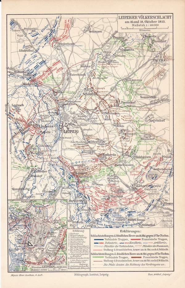 Völkerschlacht bei Leipzig 1813 Napoleon LANDKARTE 1905